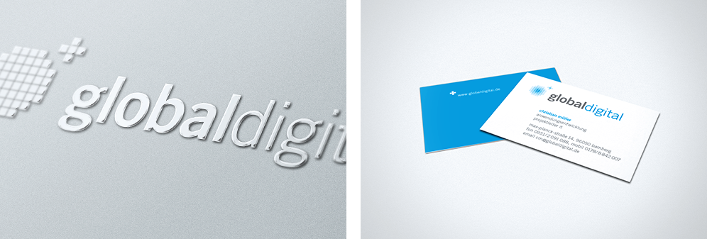 globaldigital, Corporate Design, Logo glänzend und Visitenkarten liegend