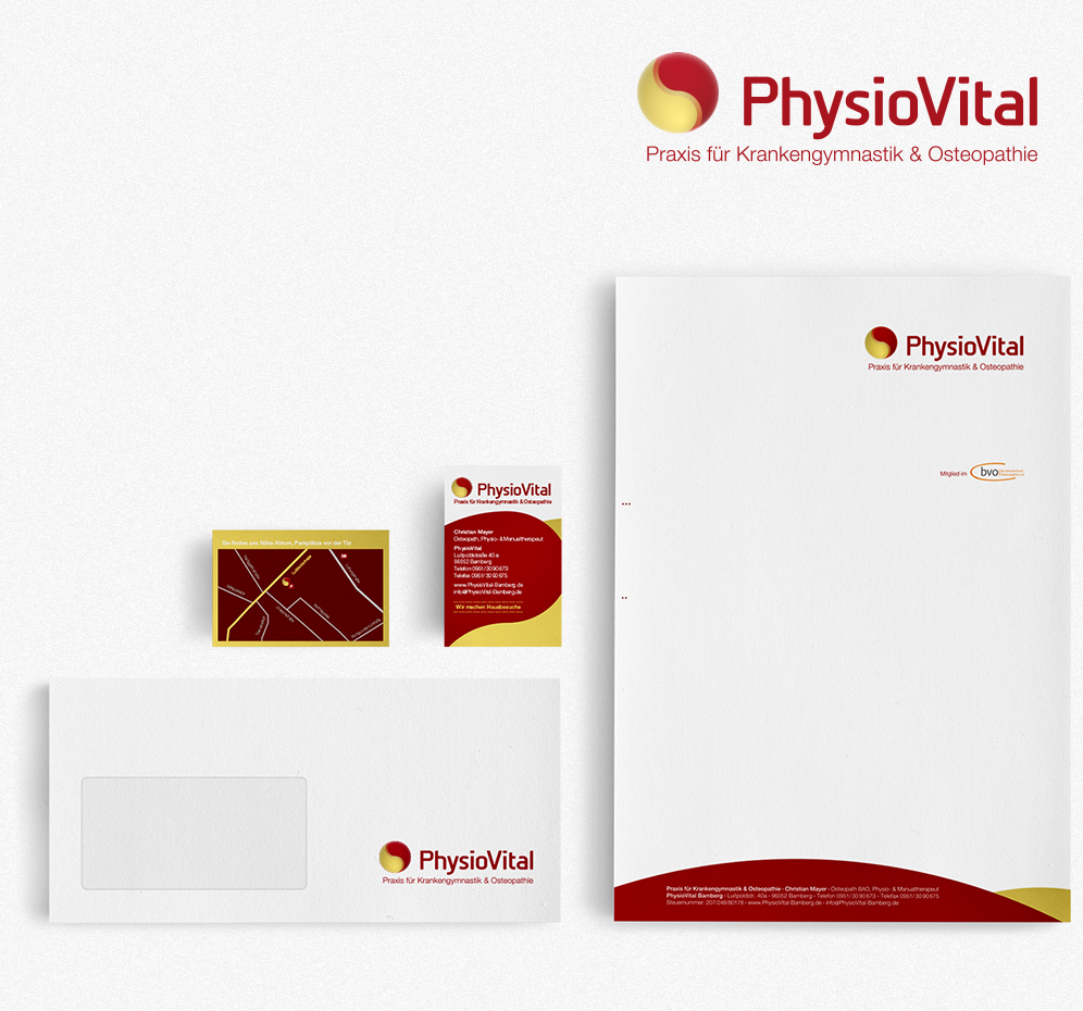 PhysioVital Bamberg, Corporate Design, Logo, Visitenkarten, Briefkuvert, Briefbogen