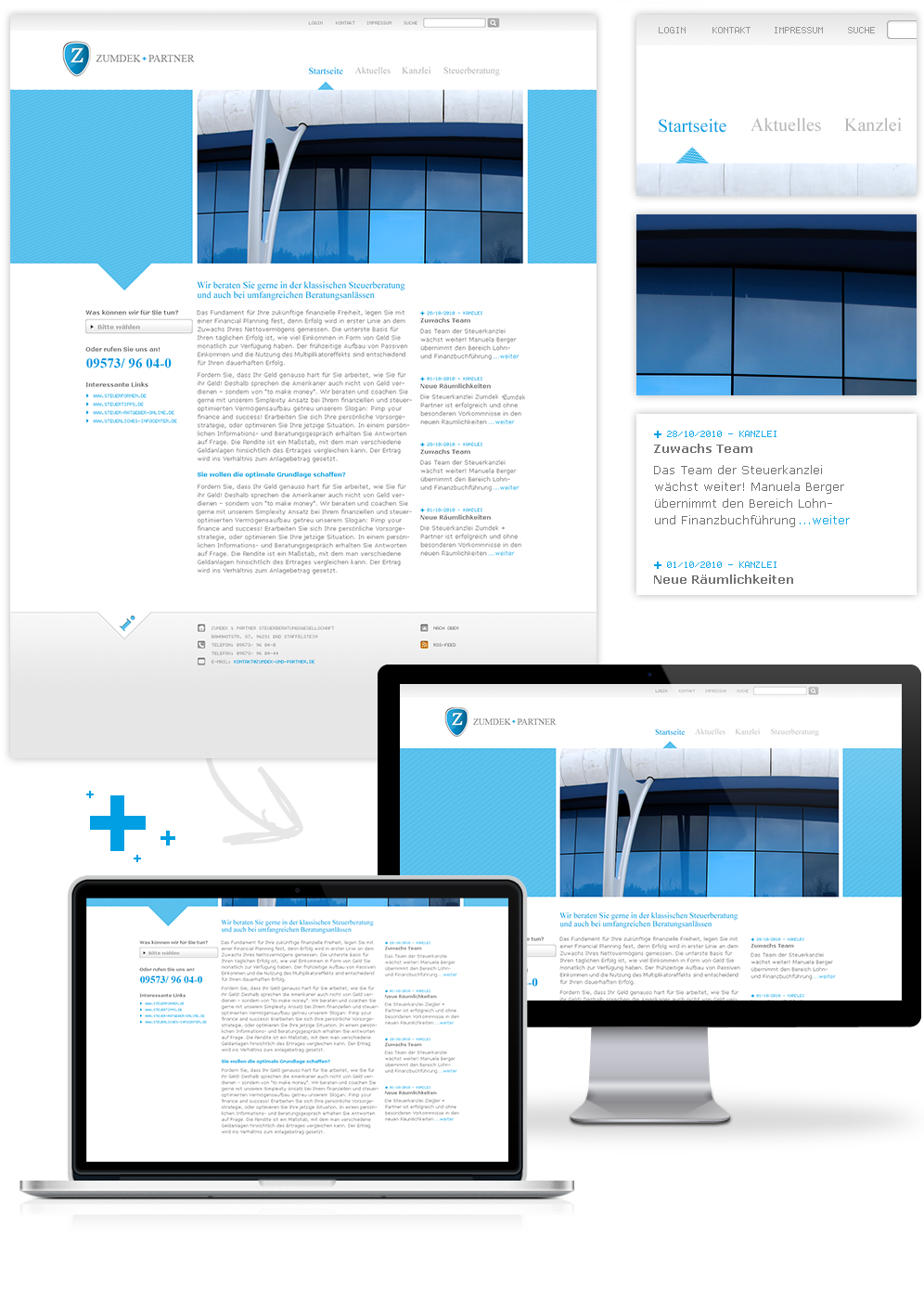Zumdek und Partner, Corporate Design, Ansicht Startseite, Ausschnitte, Detailseite in Cinema Display und MacBook